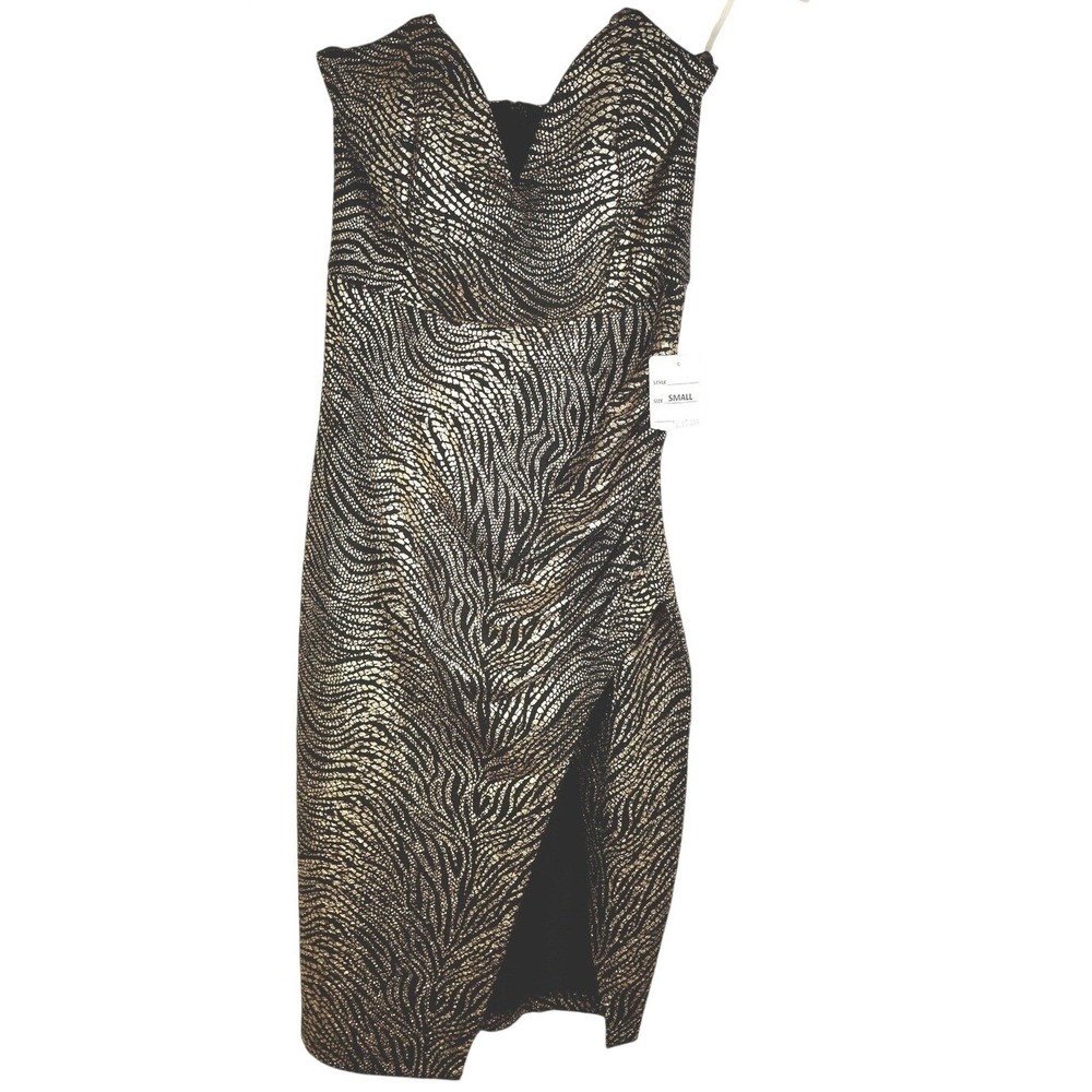 Privy Strapless Bodycon Black Gold Mini Dress‎ NWT Party Cocktail S Glam Retro